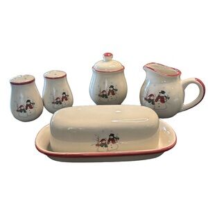 Vtg 90 Royal Seasons Snowman Butter Dish Creamer Sugar Shakers Table Set Holiday